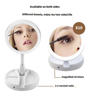 Lighted Makeup Mirror, Adjustable Height, Double-Sided, 1x/10x Magnification Adjustable Brightness, 360° Rotation, Gift for Women