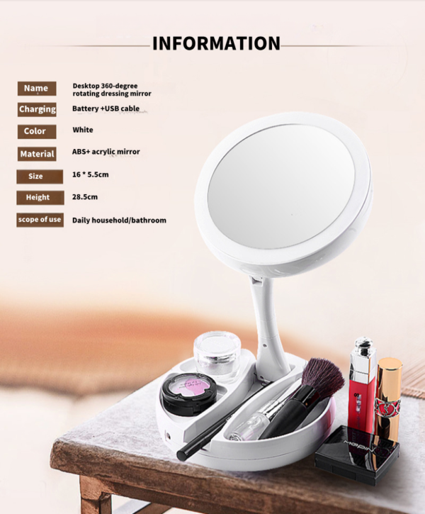 Lighted Makeup Mirror, Adjustable Height, Double-Sided, 1x/10x Magnification Adjustable Brightness, 360° Rotation, Gift for Women - 图片 4